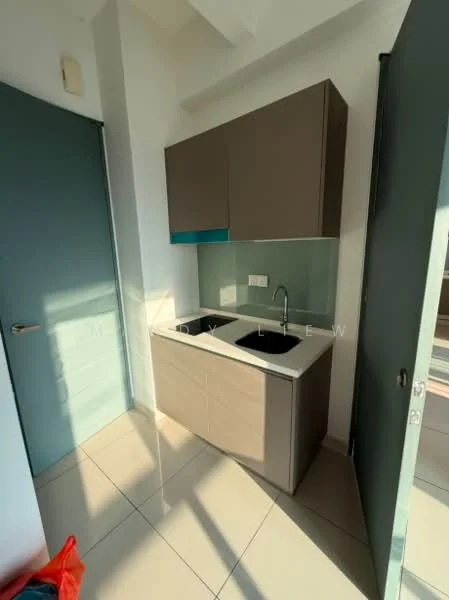 Kitchen features: single-bowl stainless-steel sink, chrome pull-down faucet, grey flat-panel cabinets, white countertop, glass backsplash, tile flooring, wall-mounted cabinets, natural light from window; style: modern.
