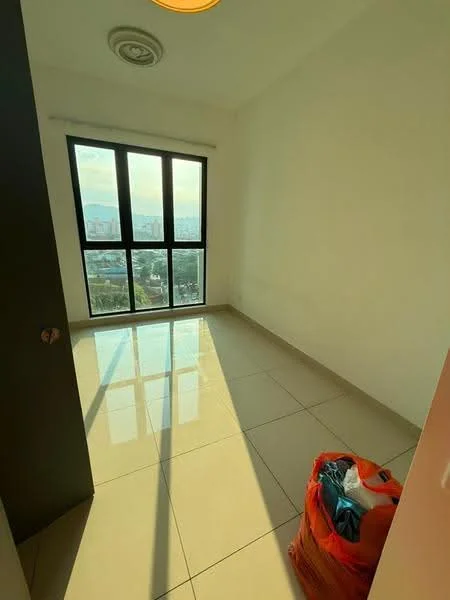 Room features: white painted walls, glossy ceramic tile flooring, floor-to-ceiling windows, city view, recessed ceiling light, natural light from window, empty space, no visible furniture; style: modern; view: city.
