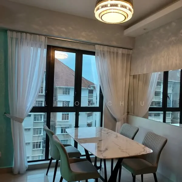 Dining features: marble dining table, 4 upholstered dining chairs in green and grey, floor-to-ceiling windows, sheer white curtains, decorative ceiling light, light blue accent wall, white painted walls, tile flooring; style: modern; view: city.