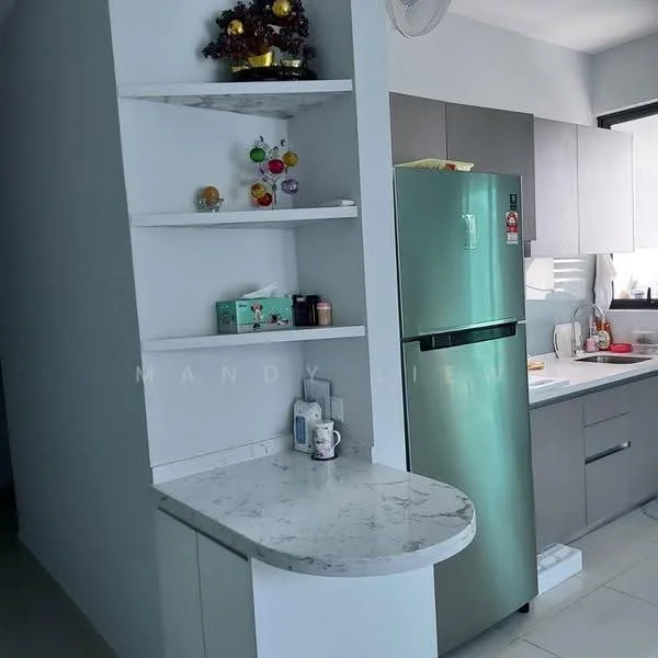Kitchen features: marble countertop, stainless-steel fridge, grey cabinetry, open shelving, kitchen sink, wall-mounted fan, white walls, tile flooring; style: modern.