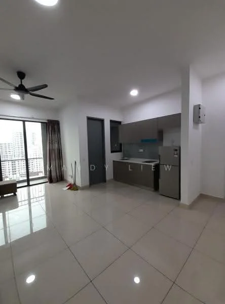 Living features: white painted walls, glossy ceramic tile flooring, 5-blade ceiling fan with light, floor-to-ceiling windows, sliding glass door, curtains, kitchenette with grey cabinetry, stainless-steel fridge, built-in oven, sink, countertop with backsplash, recessed downlights; style: modern; view: city.