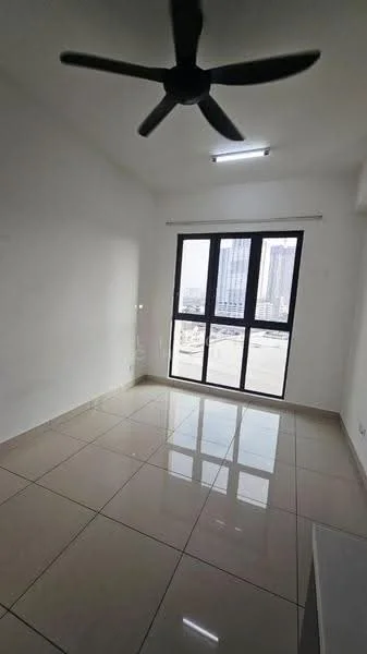 Room features: white painted walls, glossy ceramic tile flooring, 5-blade ceiling fan, floor-to-ceiling windows, city view, natural light, neutral color scheme, minimalist decor; style: modern; view: city.