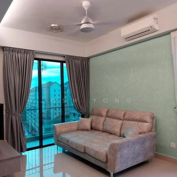 Living features: 3-seater fabric sofa in light grey, floor-to-ceiling windows, sliding glass door, sheer curtains, grey curtains, wall-mounted split AC, ceiling fan with light, light-colored tiled flooring, decorative ceiling rose, accent wall in mint green, TV console, area rug; style: modern; view: city.
