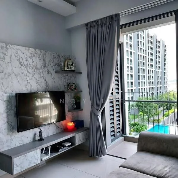 Living features: grey marble accent wall, wall-mounted TV, floating TV console in grey, large sliding glass door, floor-to-ceiling curtains in grey, neutral wall colour, light-coloured flooring, decorative shelf, outdoor view of pool and landscaping; style: modern; view: pool.