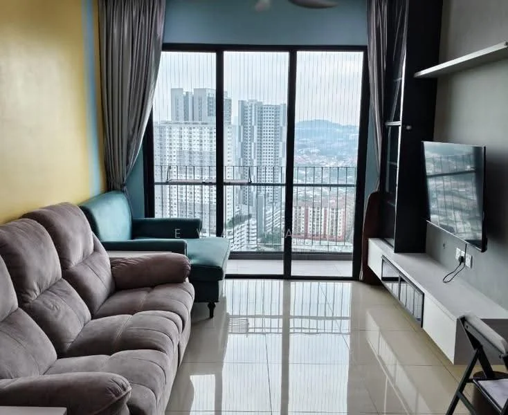 Living features: grey fabric 3-seater sofa, light blue fabric 2-seater sofa, white TV console, wall-mounted TV, floor-to-ceiling windows, curtains, glossy tile flooring, city skyline view, ceiling fan; style: modern; view: city.