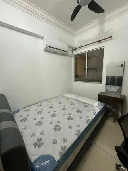 Bedroom features: queen-size bed with floral-patterned bedding, wall-mounted air conditioning unit, floor-to-ceiling window, white painted walls, ceiling fan, mirror with wooden frame, wooden desk, office chair, tile flooring; style: modern.