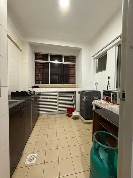 Kitchen features: white tiled walls, cream tiled flooring, dark wood cabinetry, stainless-steel sink, single-bowl sink, gas stove with 4 burners, exhaust hood, window with horizontal slats, refrigerator, cleaning supplies, water tank, countertop, floor drain; style: modern.