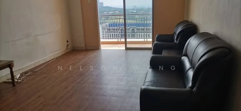 Living features: two black leather armchairs, wooden flooring, large sliding glass door, balcony access, neutral wall color, natural light from balcony, power outlet on wall, visible electrical wiring on floor; view: city.