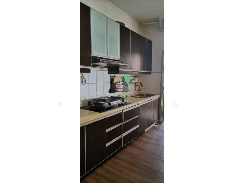 Kitchen features: dark wood cabinetry, light-colored countertop, stainless-steel sink, chrome pull-down faucet, built-in gas stove, exhaust hood, white tiled backsplash, laminate flooring, window for natural light; style: modern.