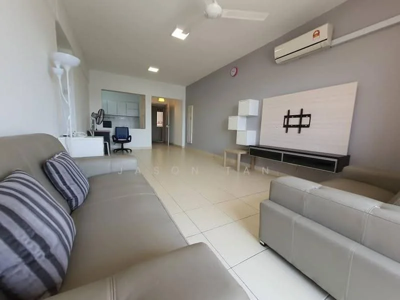 Living features: 3-seater fabric sofa in grey, 2-seater fabric sofa in light grey, ceiling fan, wall-mounted TV, TV console, white shelving unit, tile flooring, air conditioning unit, decorative wall clock, large windows, neutral wall color; style: modern.