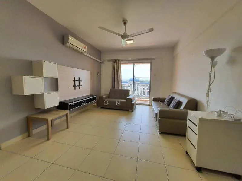 Living features: cream painted walls, light grey accent wall, floor-to-ceiling windows, sliding glass door, 3-seater fabric sofa in beige, 2-seater leather sofa, coffee table, TV console, wall-mounted TV, area rug, ceiling fan, recessed downlights; style: modern; view: city.