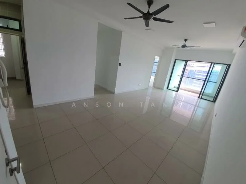 Living features: white painted walls, glossy ceramic tile flooring, 5-blade ceiling fan with light, floor-to-ceiling windows, sliding glass door, natural light, open layout, neutral color scheme; style: modern; view: city.