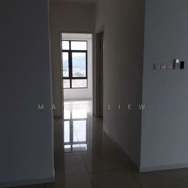 Room features: white painted walls, glossy tile flooring, floor-to-ceiling window, natural light, neutral color scheme, doorway leading to another room, light switch, wall-mounted intercom; style: modern; view: mountain.