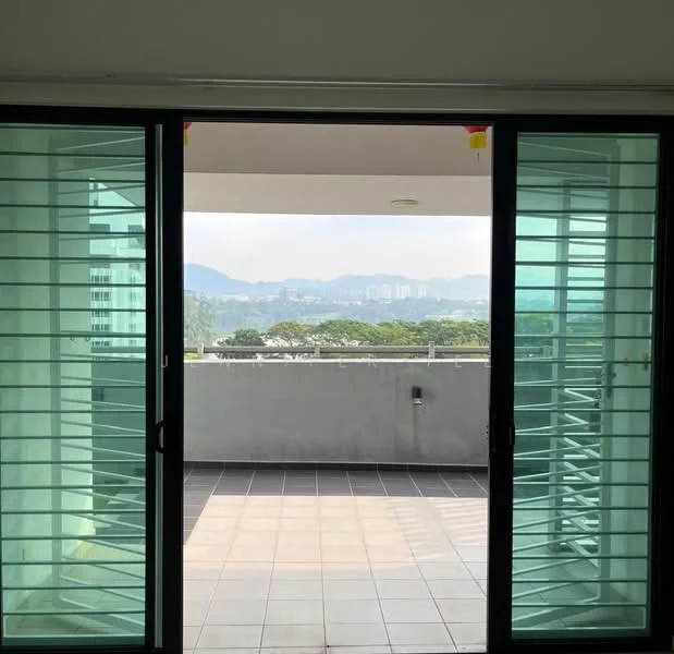 Room features: sliding glass door, floor-to-ceiling windows, grey tiled flooring, balcony view of city skyline, metal grilles on doors, concrete wall; style: modern; view: city.