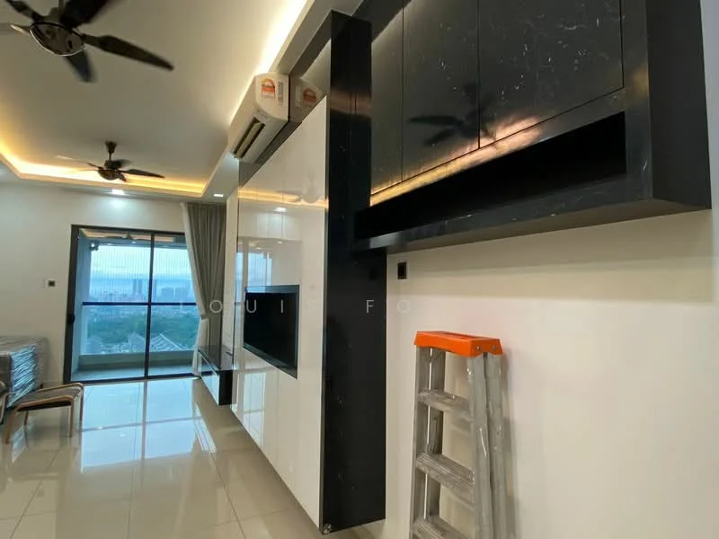 Living features: white glossy cabinetry, black marble feature wall, floor-to-ceiling windows, city view, recessed LED downlights, 5-blade ceiling fan, polished tile flooring, grey curtains, ladder, air conditioning unit; style: modern; view: city.