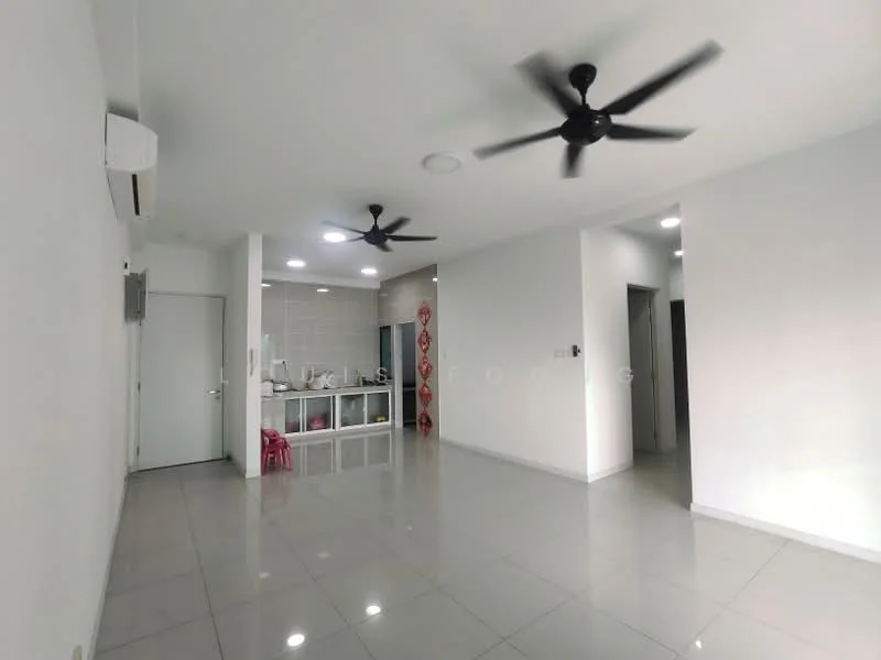 Living features: white painted walls, polished tile flooring, 2 ceiling fans, recessed downlights, open layout, air conditioning unit, kitchen area visible in background, dining area visible in background; style: modern.