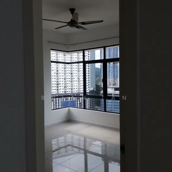 Room features: white painted walls, glossy tile flooring, 5-blade ceiling fan, floor-to-ceiling windows, city view, window treatments, corner windows, natural light; style: modern; view: city.