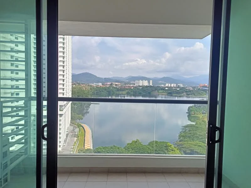 Room features: floor-to-ceiling sliding glass doors, balcony with glass railing, view of lake, view of mountains, ceramic tile flooring, green painted walls, natural light from large windows; style: modern; view: lake.