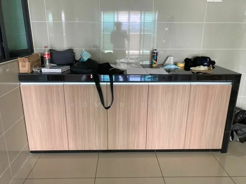 Room features: laminate cabinetry with wood finish, black granite countertop, ceramic tile flooring, grey wall tiles, window with natural light, various items on countertop including bags and bottles; style: modern.