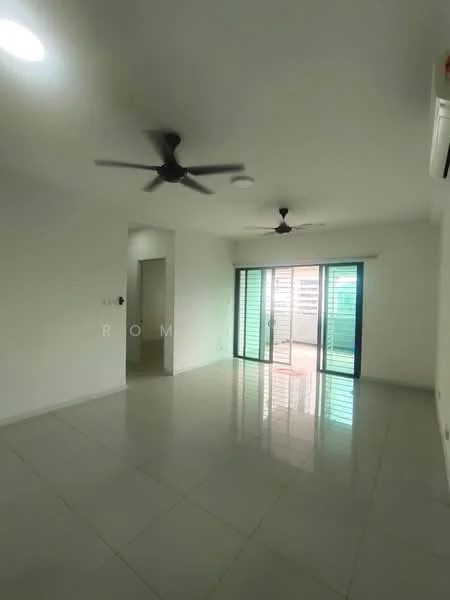 Living features: white painted walls, glossy ceramic tile flooring, 2 ceiling fans, sliding glass door, floor-to-ceiling windows, natural light, air conditioning unit, neutral color scheme; style: modern; view: garden. Room features: doorway leading to another room.