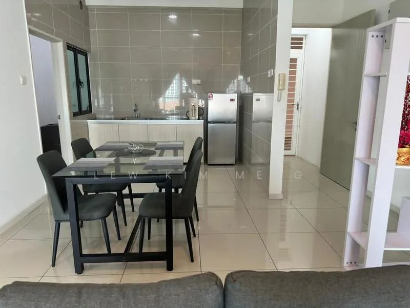 Dining features: 6-seater dining table with black glass top, grey upholstered dining chairs, white cabinetry, stainless-steel fridge, ceramic tile flooring, grey tiled backsplash, kitchen counter with sink, window with black frame; style: modern; view: city. Living features: grey fabric sofa, coffee table, open layout to dining area; style: modern.