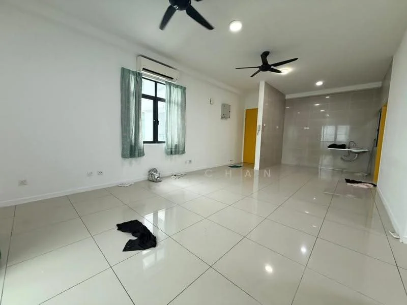 Living features: white painted walls, glossy ceramic tile flooring, 2-blade ceiling fan, floor-to-ceiling window, sheer curtains, air conditioning unit, yellow accent wall, open layout, light fixtures, visible laundry area, unfurnished; style: modern.