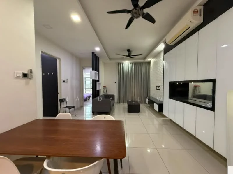Living features: white painted walls, glossy tile flooring, 5-blade ceiling fan with light, recessed downlights, wall-mounted TV, TV console, sofa, dining table with chairs, curtains, air conditioning unit; style: modern.