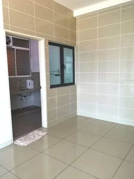 Room features: glossy beige wall tiles, white painted walls, large square floor tiles, window with black frame, doorway leading to another room, visible plumbing fixtures, neutral color palette, bright lighting; style: modern.