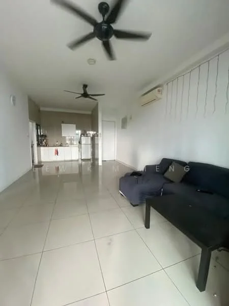 Living features: white painted walls, glossy tile flooring, 5-blade ceiling fan, 2-seater fabric sofa in dark grey, coffee table, wall-mounted air conditioning unit, open layout to kitchen, natural light from windows; style: modern. Kitchen features: white cabinetry, stainless-steel fridge, built-in oven, countertop with bar seating, open layout to living area; style: modern.