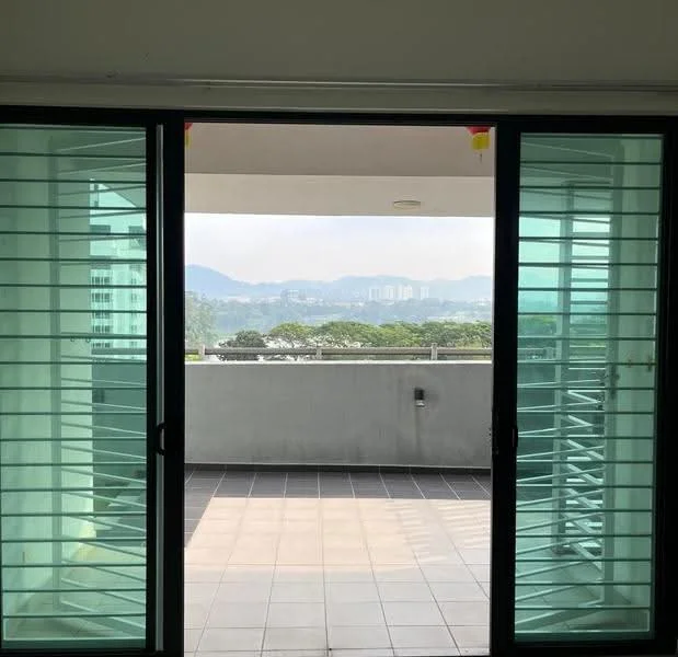 Room features: sliding glass door, floor-to-ceiling windows, grey tiled flooring, balcony view, mountain view, city skyline visible; style: modern; view: city.