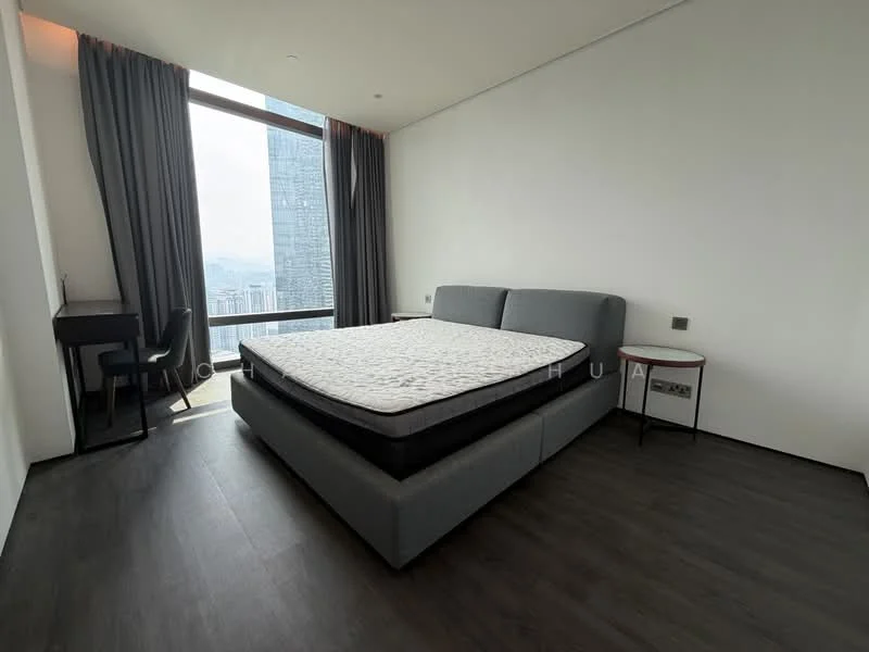 Bedroom features: king-size bed, upholstered headboard, floor-to-ceiling windows, grey curtains, wooden flooring, study desk, side table, city view; style: modern; view: city.