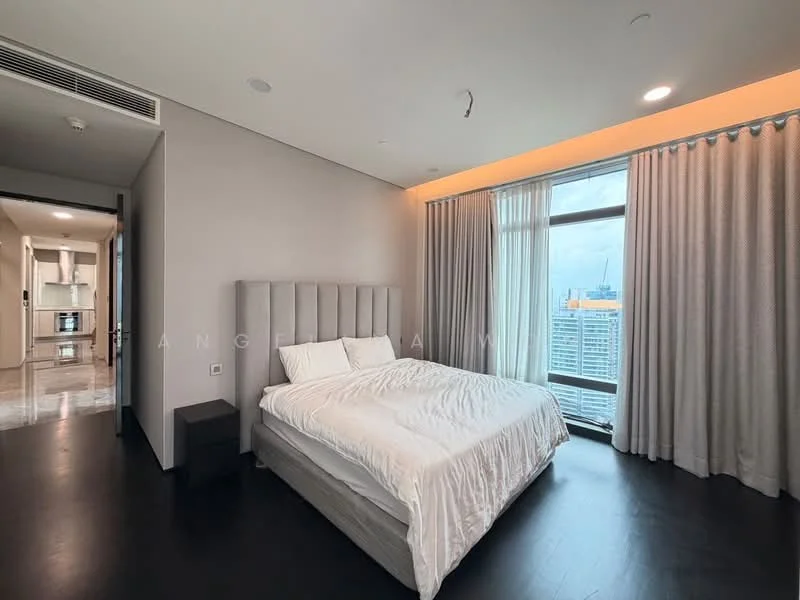 Bedroom features: king-size bed with upholstered headboard, floor-to-ceiling windows, sheer curtains, dark wood flooring, recessed downlights, wall-mounted light fixtures, minimalist decor, city view; style: modern; view: city. Room features: open doorway leading to another room, light-colored walls.