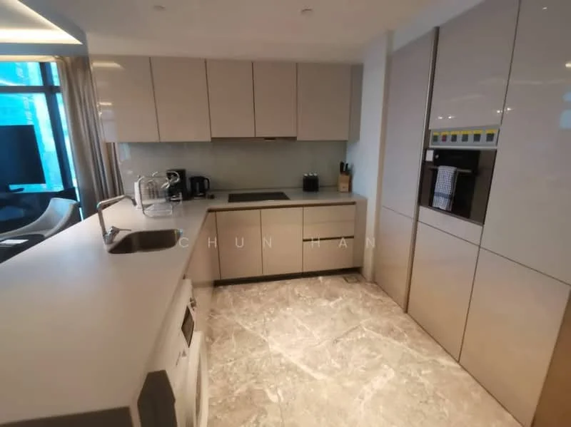 Kitchen features: light grey cabinetry, white countertop, built-in oven, stainless-steel fridge, ceramic cooktop, black sink, chrome pull-down faucet, marble tile flooring, recessed downlights, window with city view, kitchen island with seating, coffee machine, toaster; style: modern; view: city.