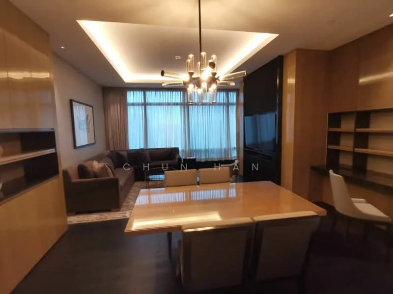 Dining features: wood dining table, upholstered dining chairs, chandelier with multiple bulbs, built-in cabinetry, floor-to-ceiling windows, curtains, dark wood flooring, wall-mounted TV, decorative wall art, neutral wall color; style: modern; view: city.