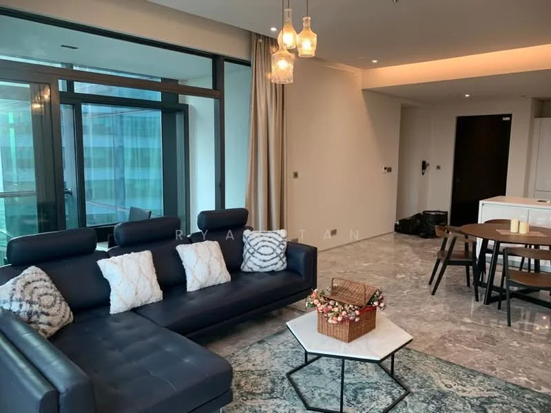Living features: 3-seater leather sofa in navy blue, decorative throw pillows, coffee table with geometric design, marble flooring, floor-to-ceiling windows, sheer curtains, recessed downlights, pendant lights, open layout to dining area, wall-mounted TV, decorative basket on coffee table; style: modern; view: city.