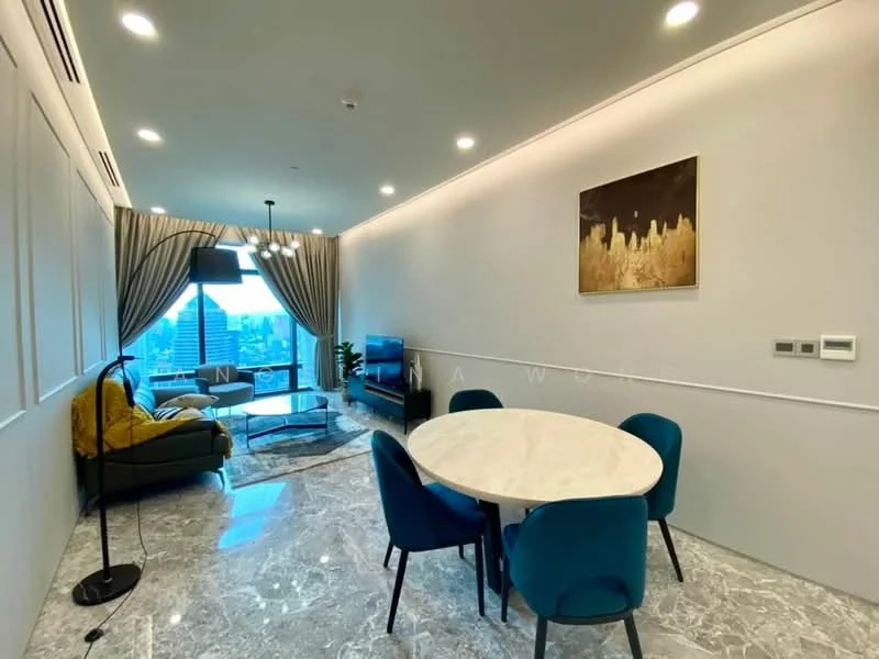 Living features: grey fabric sofa, marble flooring, round white dining table, blue upholstered dining chairs, floor-to-ceiling windows, city view, wall-mounted TV, decorative artwork on wall, curtains, recessed lighting, floor lamp; style: modern; view: city.