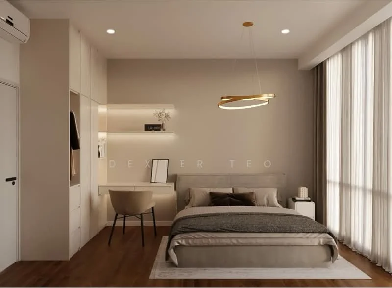 Bedroom features: king-size bed with grey bedding, upholstered headboard, bedside table with lamp, study desk with chair, built-in wardrobe with sliding doors, wall-mounted shelves, floor-to-ceiling windows with sheer curtains, wooden flooring, recessed downlights, pendant light fixture; style: modern.