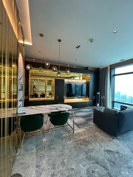 Living features: grey marble flooring, floor-to-ceiling windows, city view, black leather sofa, gold accent lighting, marble dining table, green upholstered dining chairs, built-in cabinetry with backlighting, wall-mounted TV, decorative wall mirror, recessed downlights, sheer curtains; style: modern.