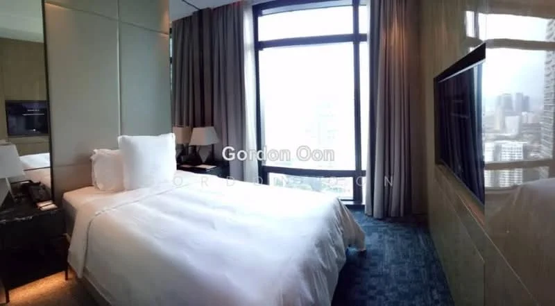 Bedroom features: queen-size bed with white bedding, upholstered headboard, two bedside lamps, wall-mounted TV, floor-to-ceiling windows, sheer curtains, carpet flooring in blue, wood paneling on walls, decorative wall art; style: modern; view: city.