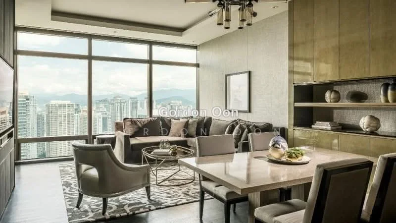 Living features: floor-to-ceiling windows, city skyline view, 3-seater fabric sofa in grey, coffee table with metal base, area rug with geometric pattern, wall-mounted TV, built-in cabinetry, decorative vases, framed artwork, recessed downlights, dining table with marble top, upholstered dining chairs; style: modern; view: city.