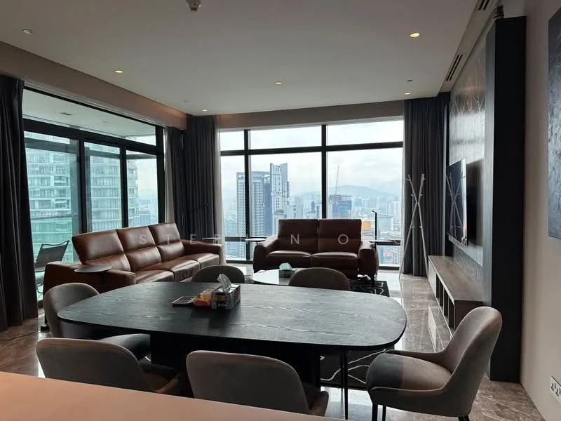 Living features: floor-to-ceiling windows, grey curtains, 3-seater brown leather sofa, 2-seater brown leather sofa, coffee table, TV console, wall-mounted TV, marble flooring, dining table with grey upholstered chairs, decorative wall art, city skyline view; style: modern; view: city.