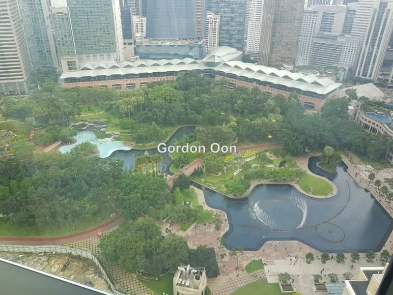 Exterior features: landscape garden, manicured lawn, mature trees, water features, walking paths, children's playground, urban park, surrounded by high-rise buildings; style: modern.