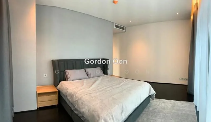 Bedroom features: king-size bed with upholstered headboard, bedside tables in light wood, grey bedding, dark wood flooring, floor-to-ceiling windows with sheer curtains, recessed downlights, light grey accent wall, neutral painted walls, area rug in light grey; style: modern.