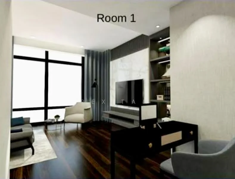 Living features: dark wood flooring, white painted walls, grey accent wall, floor-to-ceiling windows, built-in shelving unit, wall-mounted TV, sofa in light grey fabric, armchair in white fabric, coffee table, desk with chair, recessed downlights; style: modern; view: city.