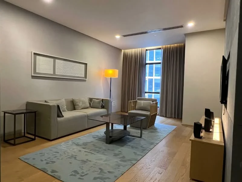 Living features: light grey painted walls, wood flooring, 5-blade ceiling fan with light, floor-to-ceiling windows, sheer curtains, 3-seater fabric sofa in light grey, wooden armchair, glass coffee table, area rug with abstract pattern, TV console, wall-mounted TV; style: modern; view: city.