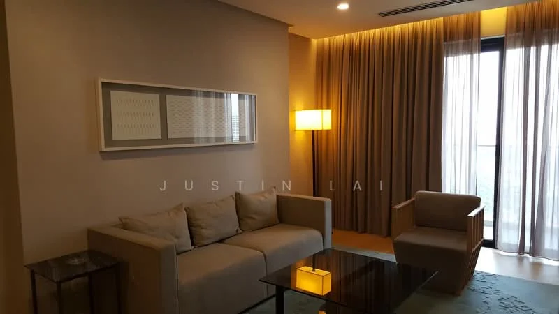 Living features: 3-seater fabric sofa in beige, armchair in beige, glass coffee table, area rug with geometric pattern, floor-to-ceiling windows, sheer curtains, decorative wall art, wall-mounted light fixture, recessed lighting, cream painted walls; style: modern; view: city.