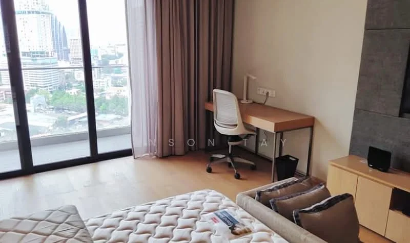 Bedroom features: queen-size bed, wooden flooring, floor-to-ceiling windows, sheer curtains, desk with chair, wall-mounted TV, built-in wardrobe, decorative cushions; style: modern; view: city.