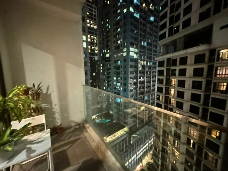 Balcony features: glass railing, city skyline view, tile flooring, outdoor potted plants, small white table, single chair; style: modern; view: city.