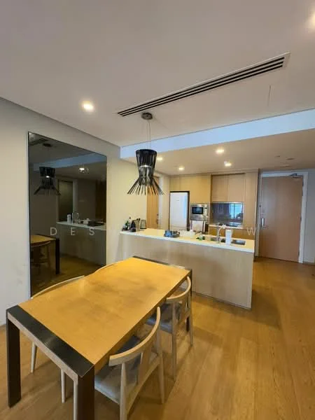 Kitchen features: wooden dining table, 4 wooden dining chairs, pendant light fixture, kitchen island, stainless-steel appliances, built-in oven, microwave, wood cabinetry, countertop with sink, open shelving, recessed lighting, wooden flooring, mirror wall, open layout; style: modern.