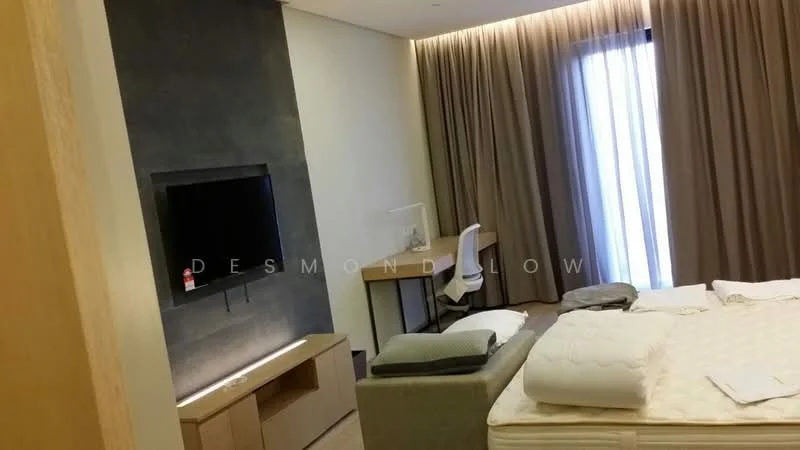 Bedroom features: king-size bed, upholstered headboard, wall-mounted TV, wooden bedside table, desk with chair, floor-to-ceiling window, sheer curtains, grey accent wall, recessed lighting, laminate flooring, decorative throw pillows, bedding with mattress; style: modern.